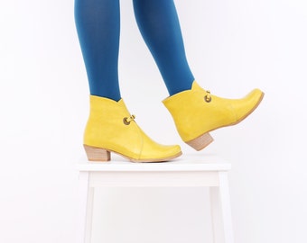 Yellow Leather Booties shoes flat Boots mid calf handmade