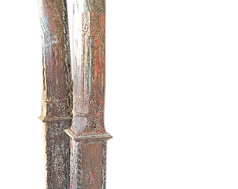 Pair of Antique Distressed Wood Teak Columns Architectural Carved Pillars with Stone Bases 19c