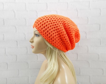 Neon Orange Crochet Hat, Slouchy Hat, Slouchy Beanie, Oversized Hat, Neon Beanie, Womens Hat, Skater Beanie, Slouchy Orange Hat, Vegan Hat