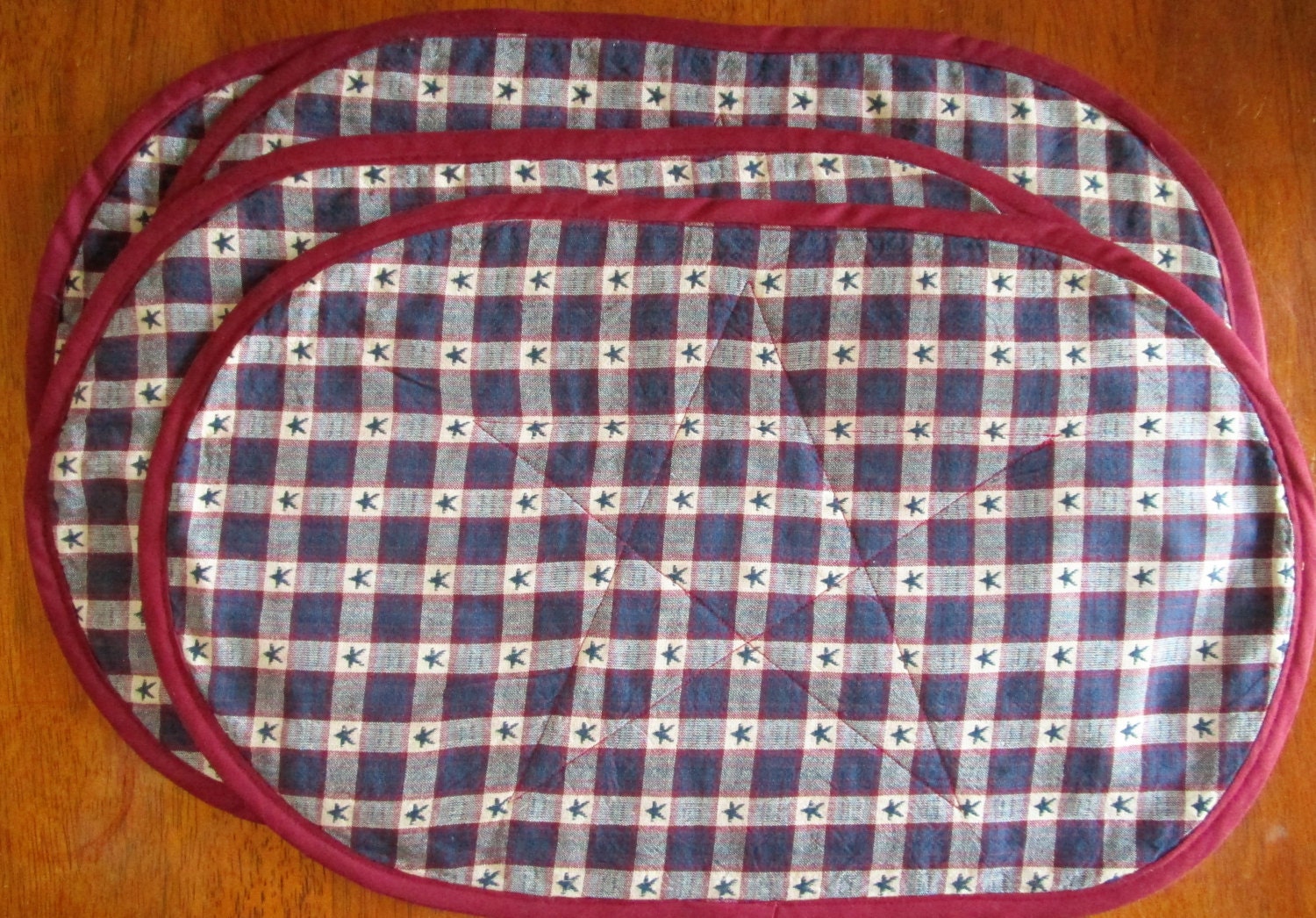 Handmade Quilted Oval Placemats Homespun Red White Blue.
