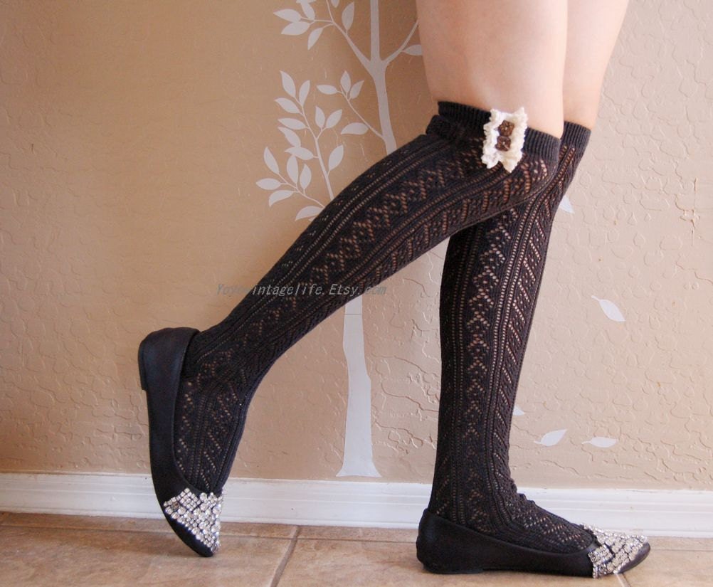 Beautiful Charcoal long socks with cute lace boots socks.