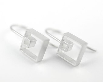 Resi Drop Earrings, Two Square Earrings, Modern Earrings, Delicate Earrings, Modern Jewelry, Sterling Silver, Shiny or Matte Finish