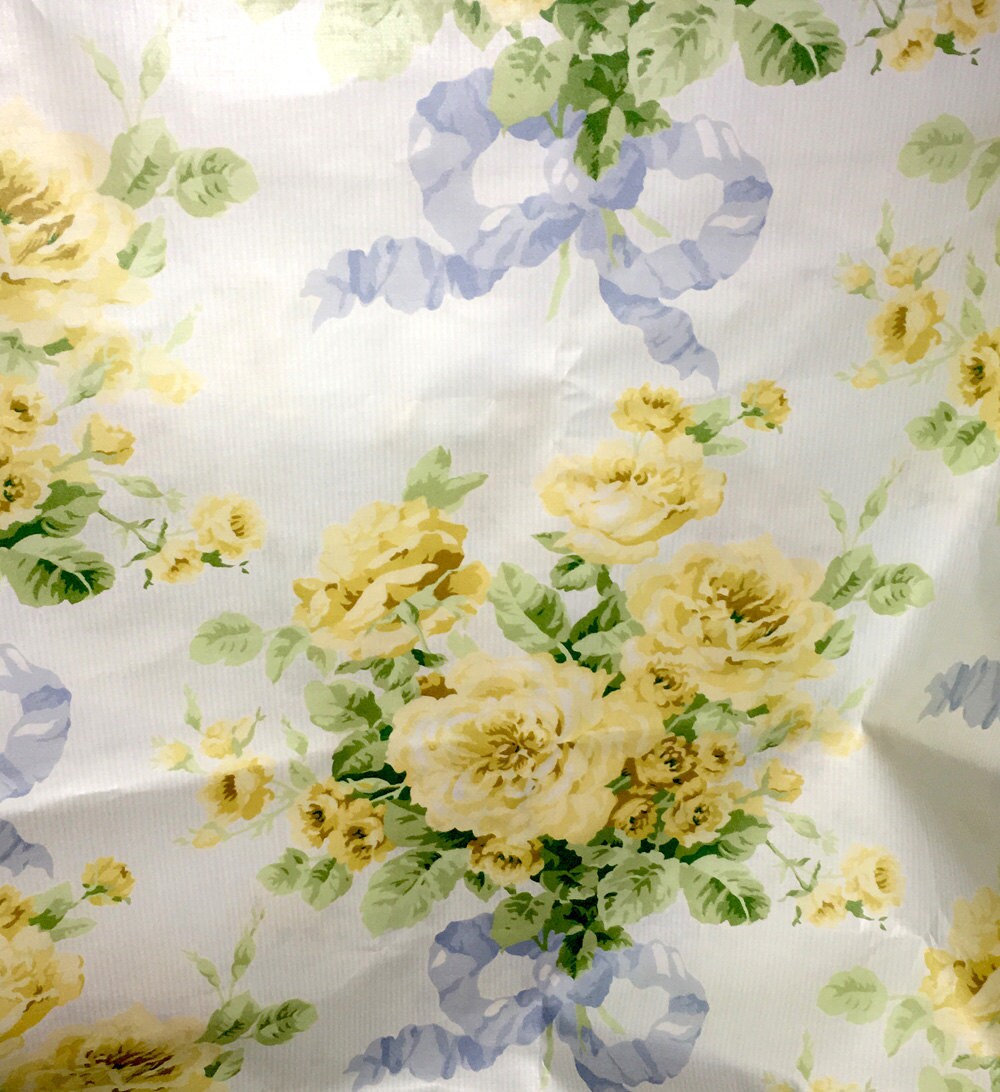 Vintage Cotton Chintz Fabric Yellow Roses Large Print // 2
