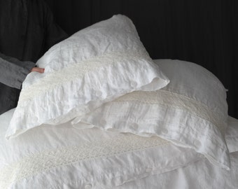 LINEN DUVET COVER set of duvet cover and pillowcases with lace. White French linen bedding set. Made by MOOshop.*14