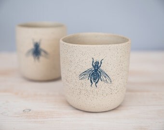 Handmade pottery, ceramic tumbler, big coffee mug, two mugs, white mug, insect decoration, minimalist pottery, made for order