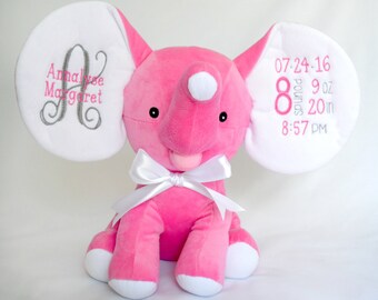 Personalized Stuffed Animal - Birth Announcement Stuffed Animal - Baby Girl Gift - Elephant Nursery Plush - Birth Statistics - New Baby Gift