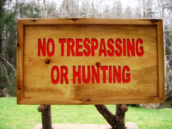 No trespassing or hunting sign on golden Pine by SolitudeValley