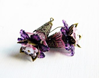 Purple Flower earrings, Bohemian earrings, Purple dangles, Statement earrings, Boho dangles, Gypsy Boho jewelry, Boho wedding jewelry