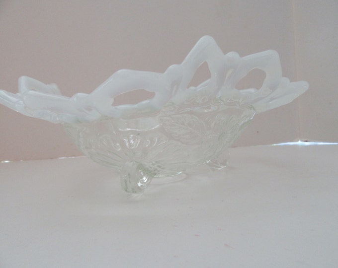 Tri point candy/nut dish, Northwood clear depression glass, opalescent, white open work edge, daisy & plume design, Mother's Day gift