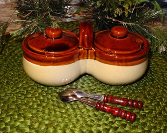 Double Condiment Crock / Ceramic Condiment Crock / Glazed Condiment Crock / Condiment Caddy / Double Condiment Caddy