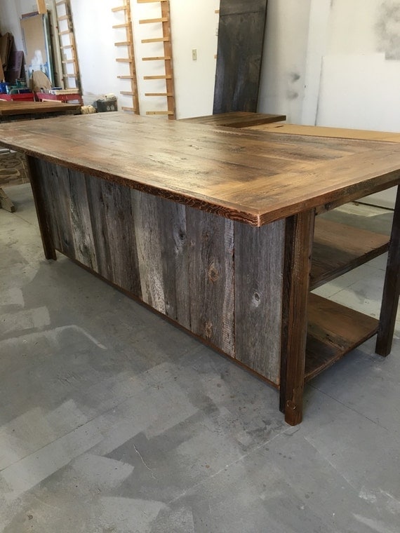 Kitchen island rustic woodreclaimed wood shelvesbarn siding