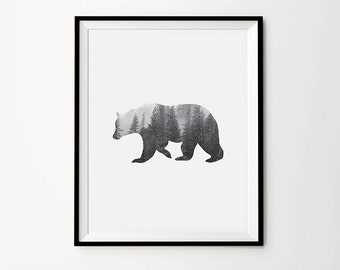 Bear shaped Forest Photography, Black and white Photography, 5 x 7 in, 8 x 10 in, 11 x 14 in, A4, A3, Digital print, Scandinavian Design