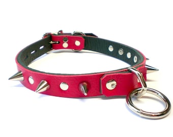 Red Leather Spiked BDSM Collar with bondage ring, rivets and spikes - for fetish slave or sub