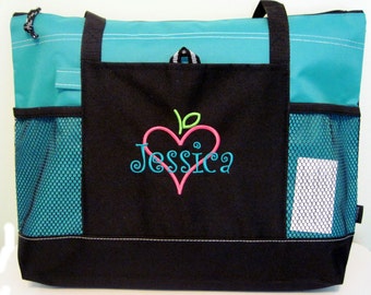 Personalized Teacher Tote Bag - Apple Books Heart - monogrammed - Free shipping