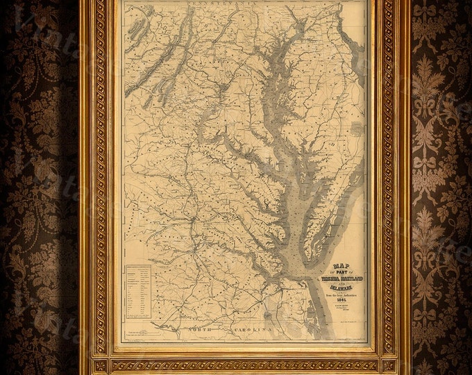 Chesapeake Bay Map. 1861 Restoration Hardware Style Vintage map of Chesapeake Bay, Maryland, Virginia, Delaware Old Nautical chart wall map