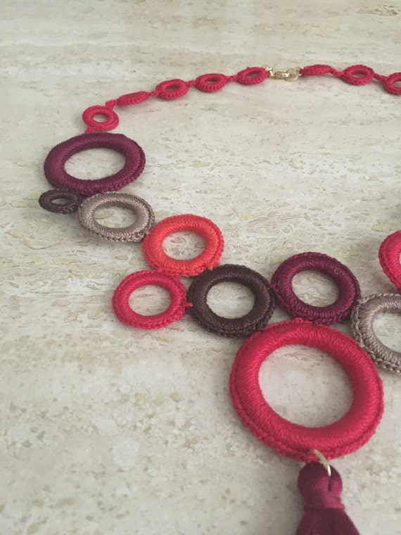 Red Crochet necklace Handmade necklace. Crochet jewelry.