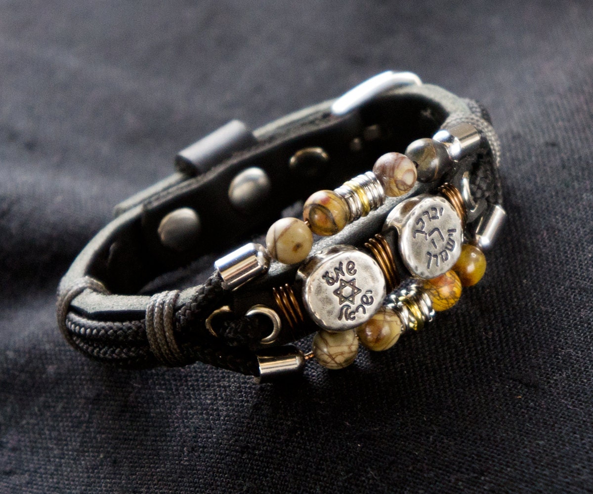 Black Leather Bracelet with Jewish Hebrew Scripture Blessing