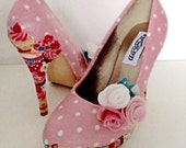 Ladies shoes, polka dot shoes, pink shoes, cupcake shoes, wedding shoes, tea party, afternoon tea rockabilly customised shoes, ladies heels