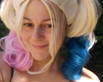 Harley Quinn Wig, Blond Ponytail Wig, pig tail wig, blond wig, Cosplay, squad, cosplay, heat safe, white, blue, pink, curly, suicide