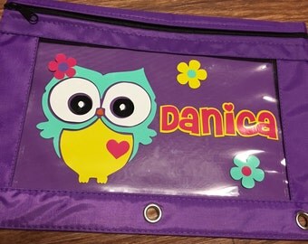 Personalized owl pencil pouch, binder pouch back to school