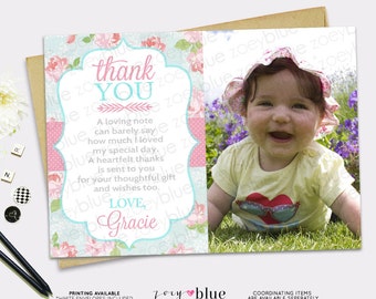 Shabby Chic Thank You Card Pink Blue Girl Roses Birthday baby shower Baptism Thank you card Picture 1st First Birthday Girl - Digital File