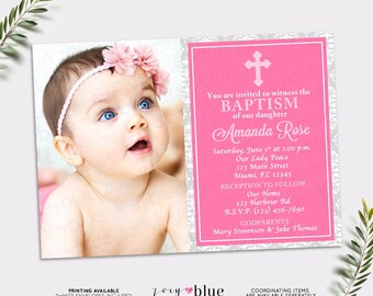 Baptism Invitation Purple Lilac Damask Girl by ZoeyBlueDesigns