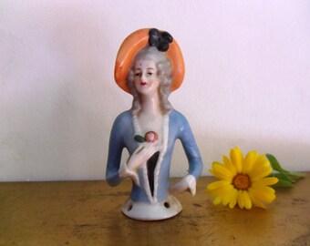Vintage half doll Porcelain half doll Fine porcelain pin cushion doll clothed figure with hat