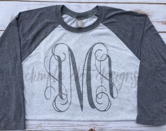 Monogrammed Raglan - Women's Monogram Shirt - Women's Monogram Baseball Tee - Soft Monogram Tee - Glitter Monogram Tee