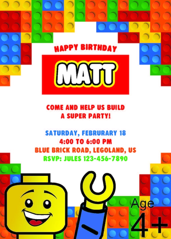 Lego Invitation, Lego Birthday Party Invitation, Lego Birthday Invite ...