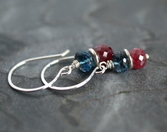 Ruby earrings, London Blue topaz earrings, ruby jewelry, London Blue topaz jewelry gift for her, ruby gift, topaz gift, silver ear wires