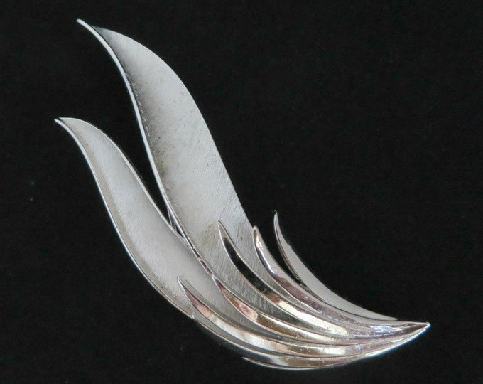 Trifari Leaf Brooch, Vintage Silver Tone Curved Leaf Matte Finish Signed Trifari Pin