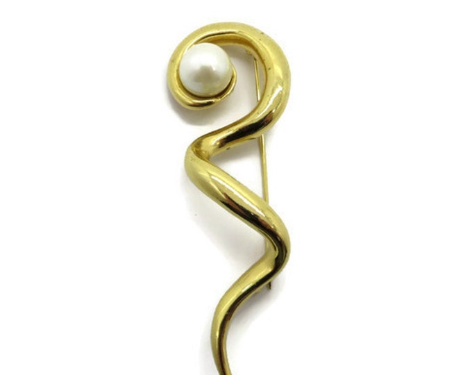 Vintage AVON Squiggle Brooch - Gold Tone Faux Pearl Pin, Gift for Her