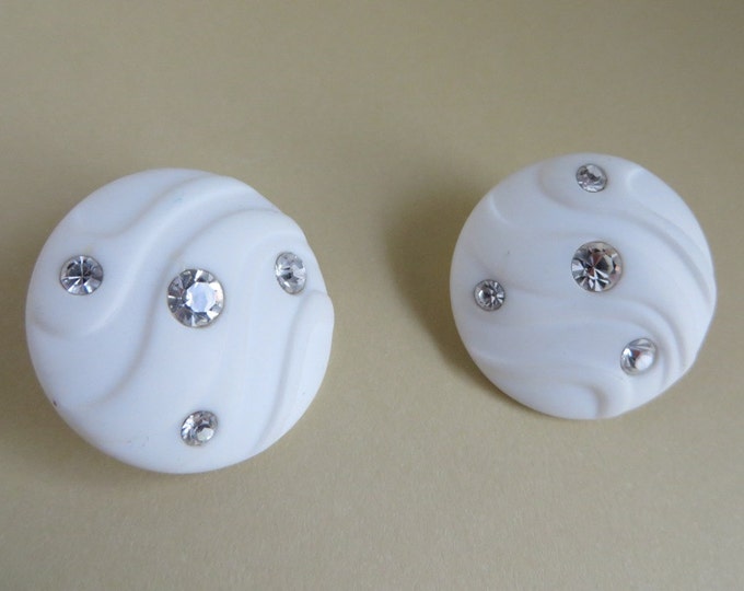 White Button Earrings, Vintage Lucite Rhinestone Earrings, Domed Earrings, Pierced Stud Earrings