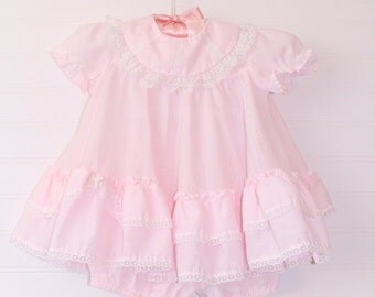 Vintage baby dress. Baby Pink polka lace trimmed, Roanna for 12 Mo WITH bloomers