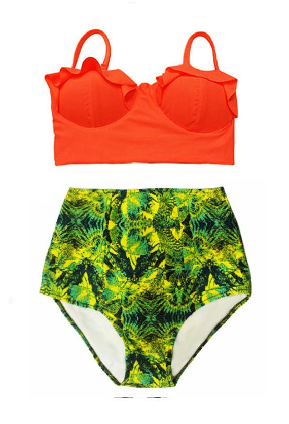 Orange Midkini Top and Graphic High waisted waist Pin up Pinup