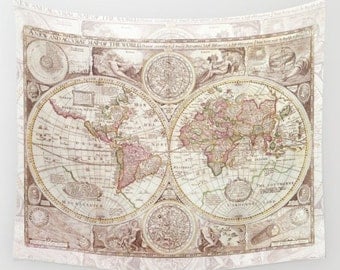 World Map Tapestry Wall hanging - dorm room decor, antique map print, beautiful map, travel decor, wall decor atlas, den, bedroom, library
