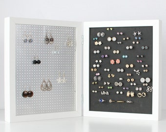 Double Framed Earring Organizer - White 8x10 Frame - Jewelry Organizer - Jewelry Display - Hook & Stud Earring Holder