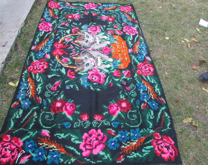 Bessarabian Kilim & area rugs. Vintage Moldovan Kilim, Rose kilim rug, handmade carpet. Vintage handwoven wool rug carpet. kom