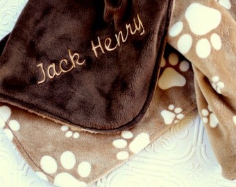 Personalized Baby Boy Blanket, Baby Blanket, Baby Girl or Boy blanket, monogrammed blanket, Puppy Prints, Brown Minky, Puppy Paw Prints