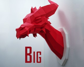 Big Dragon - Papercraft Kit, red paper dragon head, wall trophy fantasy fan, geometric style, polygon art low poly style