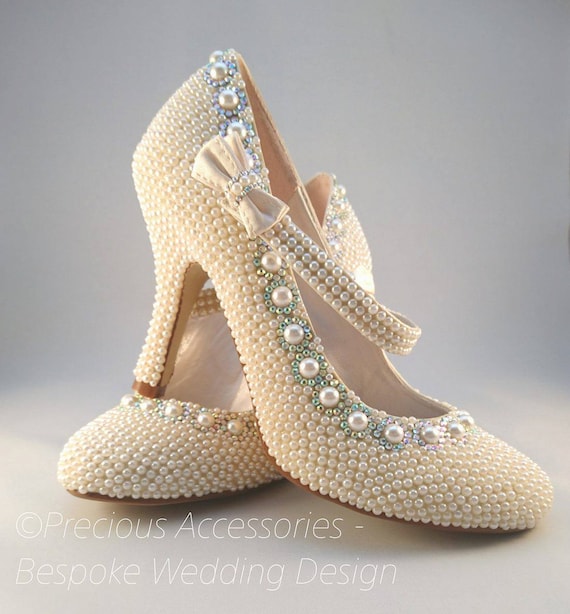 Bridal Ivory Cream Pearl Encrusted Embellished wedding bridal shoes with ab crystals size 4 (37)