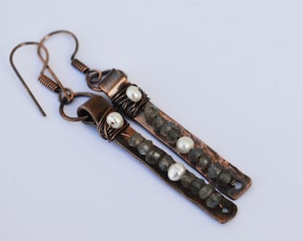 Pearls Labradorite Copper Earrings,Long Sleek Elegant ,Boho Rustic Earrings,Handmade Earrings,Artisan Earrings,OOAK