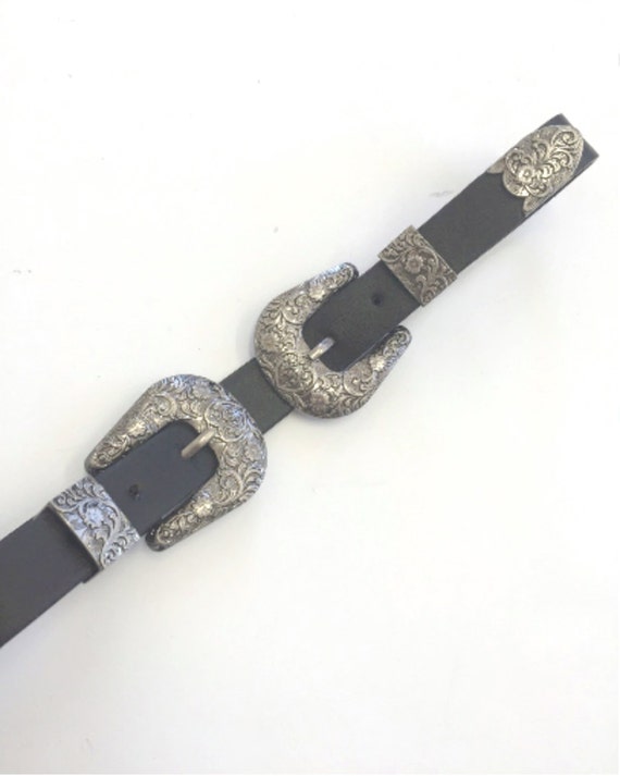 Double buckle Belt faux black leather western belt 1