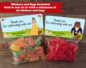 Beauty and the Beast Party Favor Bags, Beauty and the Beast Treat Bags, Princess Belle Treat Bags, Princess Belle Stickers, Belle Stickers