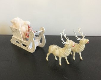 Vintage Cardboard Santa Sleigh With Two Celluloid Reindeer Putz Style
