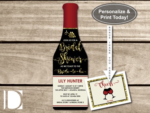 Wine Bottle Bridal Shower Invitation Bonus Thank By Dereimerdesign Wine Bottle Invitation Template Free