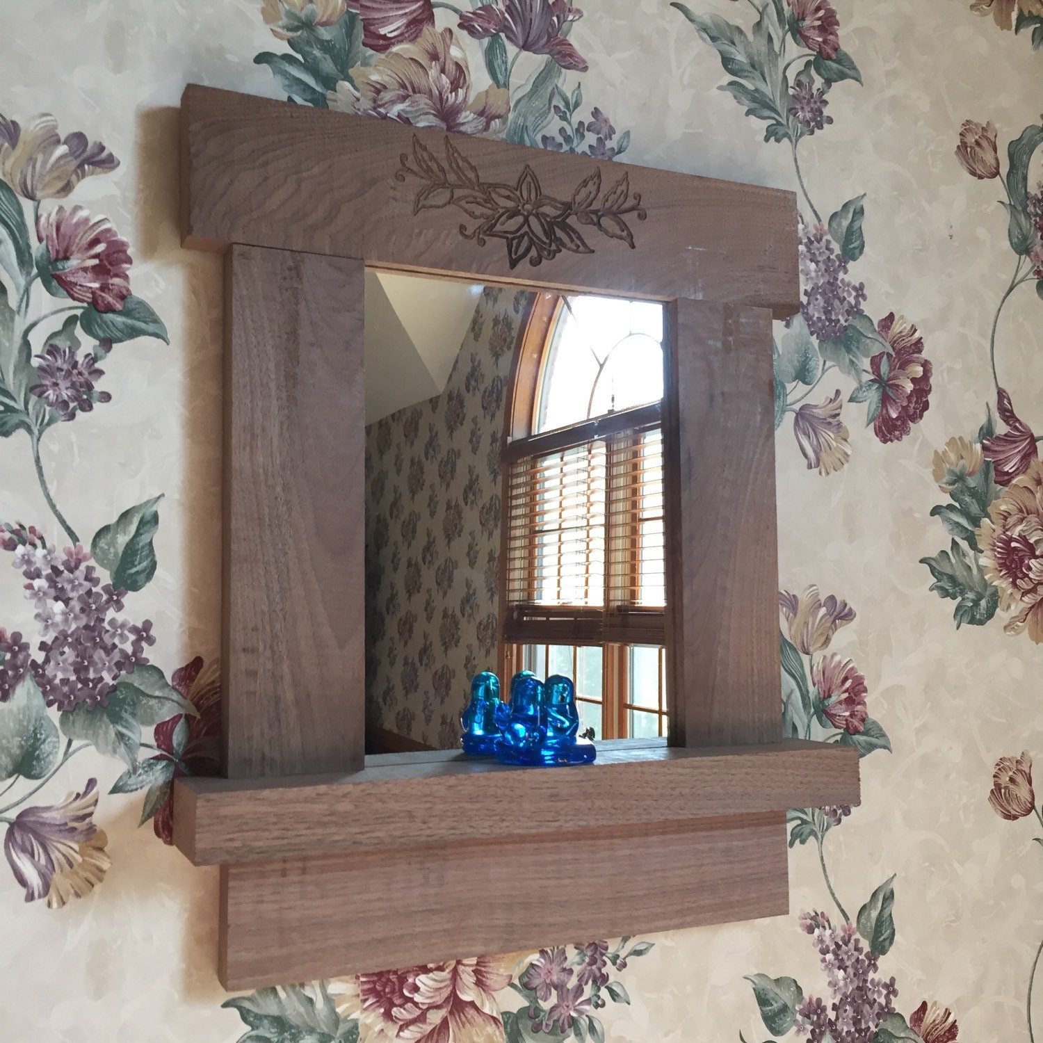 Walnut Framed Mirror with Shelf