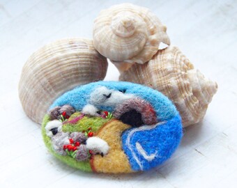 Beach Brooch, Needle felted brooch, pin, wool, sheep jewelry, summer, Fibre art, landscape art IWANTCRAFT