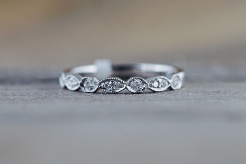 14k White Gold Diamond Vintage Milgrain Etch Etching Ring