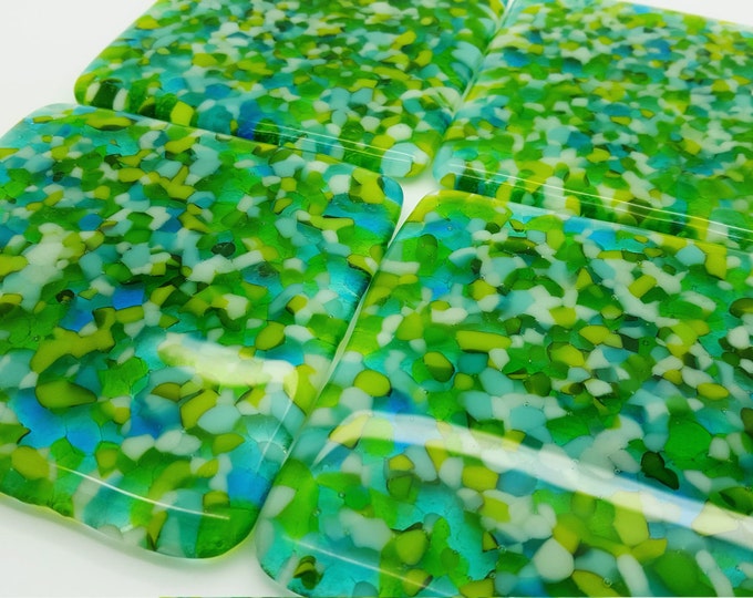 Blue & green fused glass coaster set. Coffee table handmade tiles. Patio barbeque home decor Wedding anniversary birthday housewarming gifts